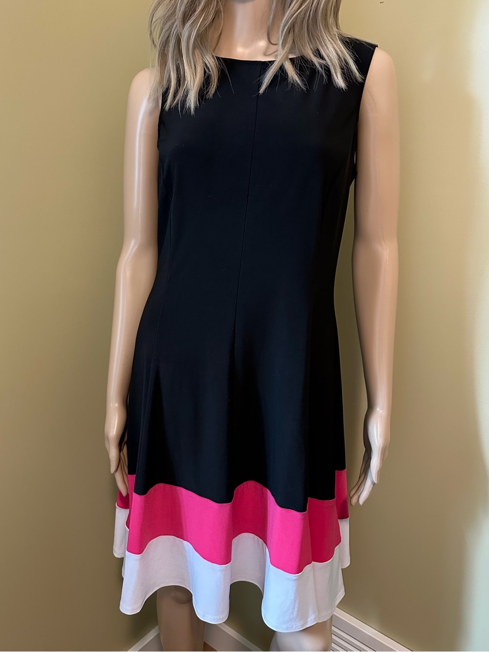 Ralph Lauren Sleeveless Black Dress with Pink and White Hem Size 8